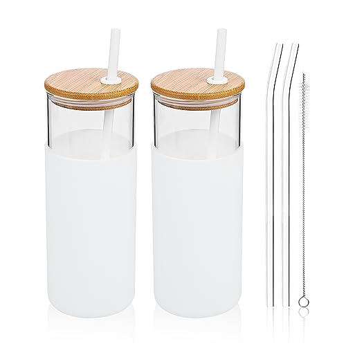 Glass Tumbler Set | 20 oz, with Lid and Straw, Bamboo Silicone Sleeve, Set of 2