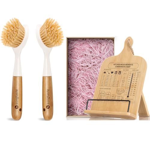 Kitchen Accessories Set | 2 Pack Dish Brush & Cookbook Stand, Built-in Scraper, Measurement Chart