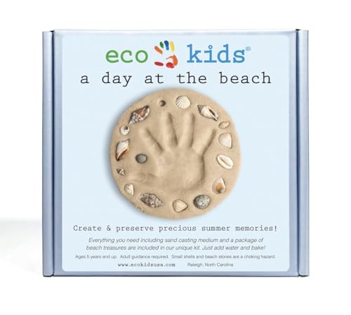 eco-kids Handprint & Footprint Kit - “A Day At The Beach” Keepsake – includes Sand Casting Medium & Beach Shells – DIY, Add Water & Bake – Safe & Non Toxic – Newborn, Baby, Mother’s Day, Shower Gift