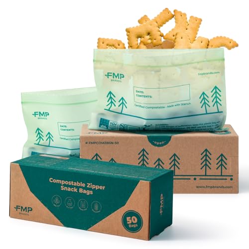 Food Storage Bags | 50 Pack, 100% Compostable, Resealable, Snack Size, 6.5 x 4.1"