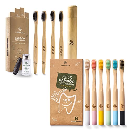 Bamboo Toothbrush Family Bundle | 4 Pack Adult, 6 Pack Kids, Travel Case Included