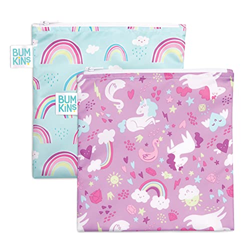 Reusable Snack Bags | Waterproof Fabric, Large 2-Pack, Unicorns & Rainbows