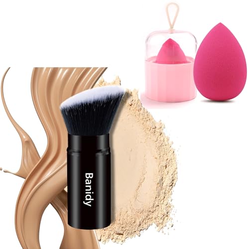 Makeup Brush Set | Retractable Face Brushes, Blender Sponge w Holder