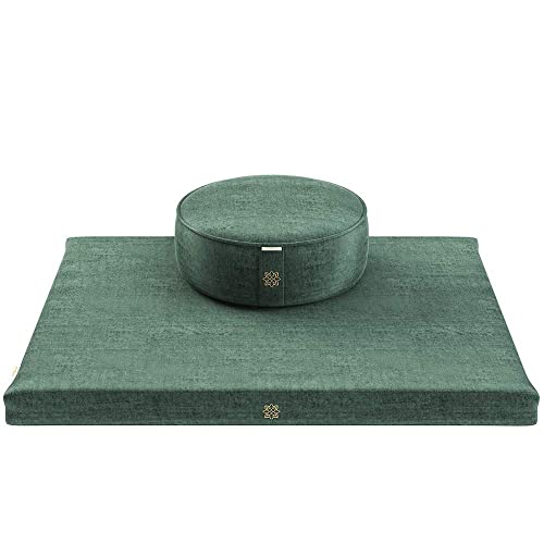 Meditation Cushion & Zabuton Mat Bundle | Premium Velvet, Emerald Green Color