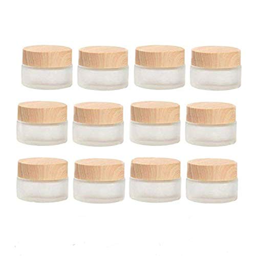 Cosmetic Container | 12 Pack, 1 oz Frosted Glass Jars with Wood Grain Lids