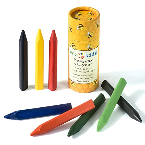 eco-kids Beeswax Triangular Crayons (8-Pack) - Assorted Vibrant Food-Grade Colors –Triangle Shape Won't Roll Off Table - Safe, Non-Toxic - Easy-Grip For Toddlers - Made in USA – Ages 1+