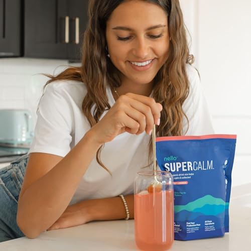 Nello Supercalm Powdered Drink Mix, Raspberry Lemonade, L Theanine, Ksm-66 Ashwagandha, Magnesium Glycinate, Vitamin D 3, Supplements for Relaxation & Focus, No Sugar, Non GMO, On The Go, 20 Ct