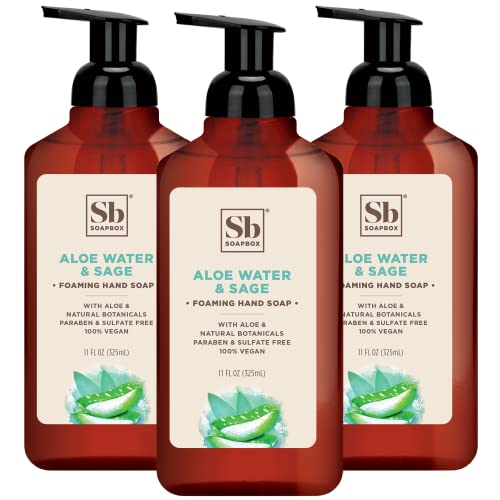 Soapbox Foaming Hand Soap ? Aloe Water & Sage ? 11oz Pump Bottles ? 3 Ct - Gently Scented, Moisturizing Foaming Hand Wash for Kitchen and Bathroom, Vegan, Cruelty & Paraben Free