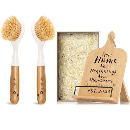 Kitchen Accessories Set | 2 Pack Dish Brush & Cookbook Stand, Bamboo Handle