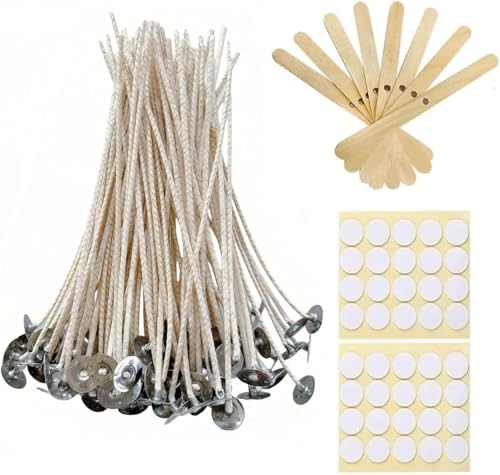 Candle Wicks | 200 pcs, 6", Natural Soy Wax Coated, Low Smoke, Includes Stickers & Centering Device