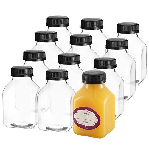 Plastic Juice Bottles | 12 Pack, 8 oz, Clear with Black Caps