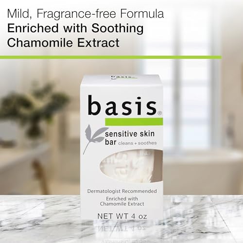 Basis Sensitive Skin Bar Soap for Body, Hands and Face, Unscented Soap Bar for Sensitive Skin with Chamomile and Aloe Vera, Bar Soap Bulk Pack, 4 Oz Bar, Pack of 6