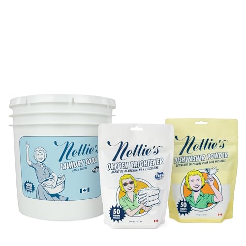 Nellie's 400 Load Laundry Bundle: Sustainable Laundry & Dishwasher Kit - Chemical-Free, Zero Waste - Includes 400 Loads Laundry Soda, 50 Loads Oxygen Brightener, and 50 Loads Dishwasher Powder