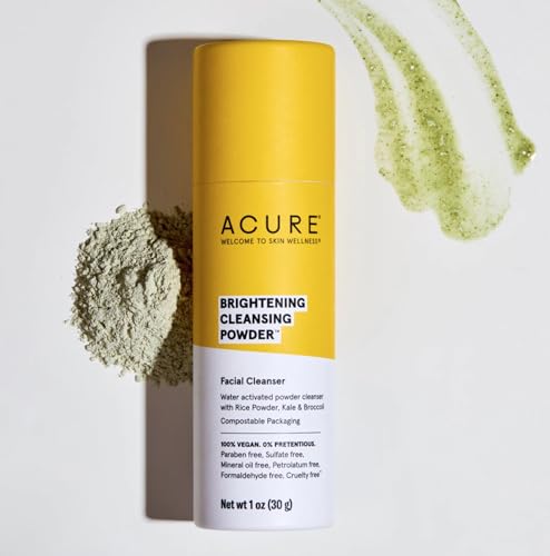 Acure Brightening Cleansing Powder - Concentrated Cleanser, Moisture Retention & Refining Skin’s Texture - Water-Activated Cleanser with Rice Powder, Broccoli, Kale & Spirulina - Net Wt. 1 oz