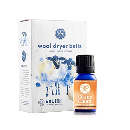 Dryer Balls | Organic Wool, 6 XL Balls, Includes 10 ml Citrus Clean Essential Oil