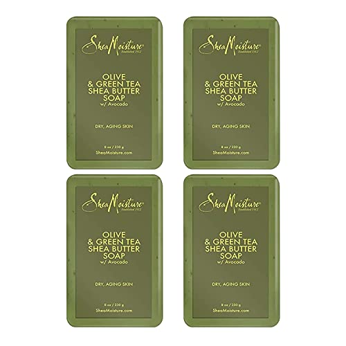 SheaMoisture Shea Butter Bar Soap, Olive & Green Tea, Essential Oils, Skin Care Routine, Olive Oil Soap Bar for Face & Body, Avocado Oil, Rich in Vitamin E, Sensitive Dry Skin (4 Pack - 8 Oz Ea)