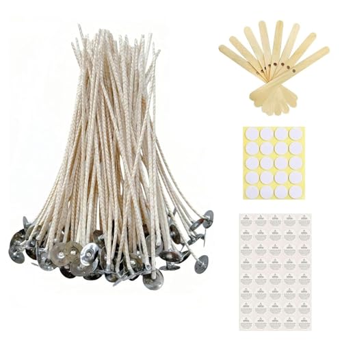 Candle Wicks | 100 pcs, 6" Eco-Friendly, Low Smoke, Includes Stickers & Centering Device