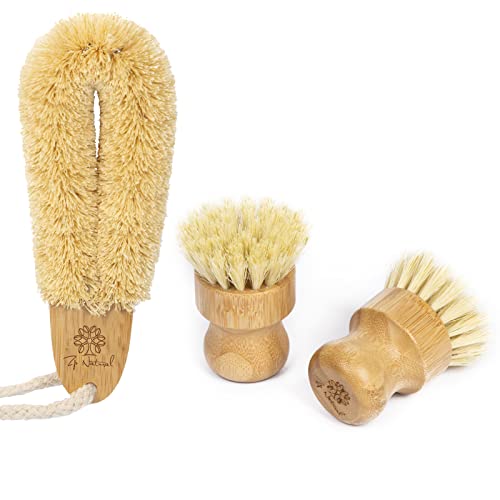 Bamboo Dish Scrub Brushes | 3 Pack, Natural Wooden for Pots, Pans, and Vegetables