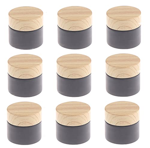 Cosmetic Container | 10 Pcs, Black Frosted Glass, Refillable Jars with Wood Grain Lids