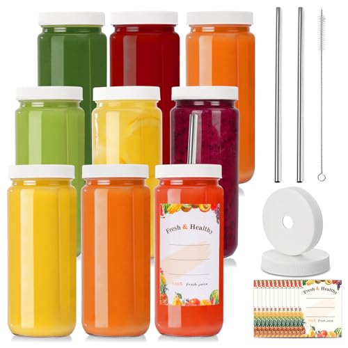 Glass Juice Bottles | 16 oz, 9 Pack, Reusable with Tamper-proof Lids