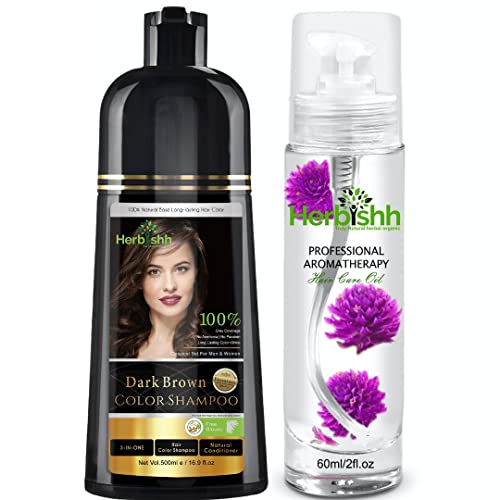 Hair Color Shampoo | 500ml for Gray Hair, Dark Brown + Hair Oil, 60ml for Dry Damaged Hair