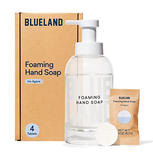 BLUELAND Hand Soap Starter Set - 1 Refillable Glass Foaming Hand Soap Dispenser + 4 Tablets Refills | Iris Agave Scent | Eco Friendly Hand Soap | Makes 4 x 9 Fl oz bottles (36 Fl oz total)