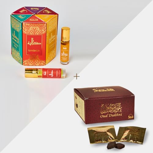 Attar Oil Set | 6 Assorted Sandalwood Perfume Oils, 40 pc Bakhoor Incense