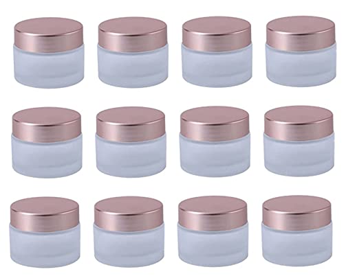 Cosmetic Container | 12 Pack, 1 oz Clear Frosted Glass Jars with Rose Gold Lids