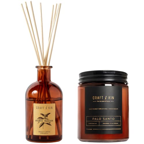 Candle Set | Palo Santo Scented, Amber Jar, Includes Reed Diffuser