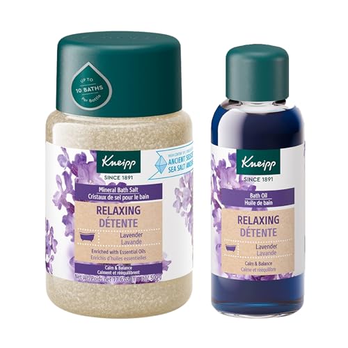 Bath Oil & Mineral Bath Salt Set | Relaxing Lavender, 3.38 fl oz & 17.6 oz