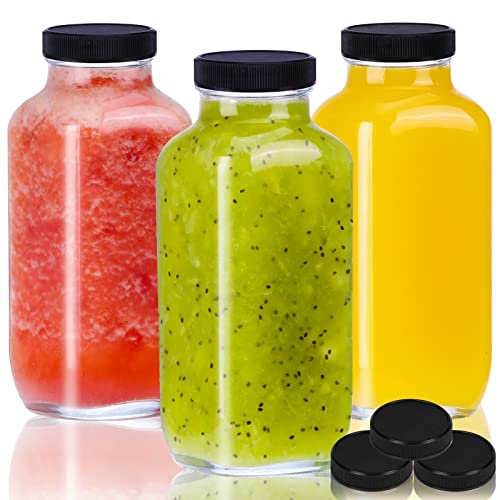 Glass Bottles | Reusable Square Containers, 16 oz, 3 Pack for Juice, Tea, Milkshake