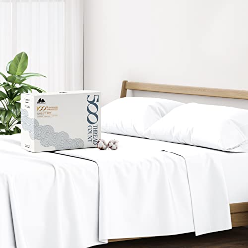 Bed Sheet Set | 100% Cotton, 500 Thread Count, Queen Size, Deep Pocket, White