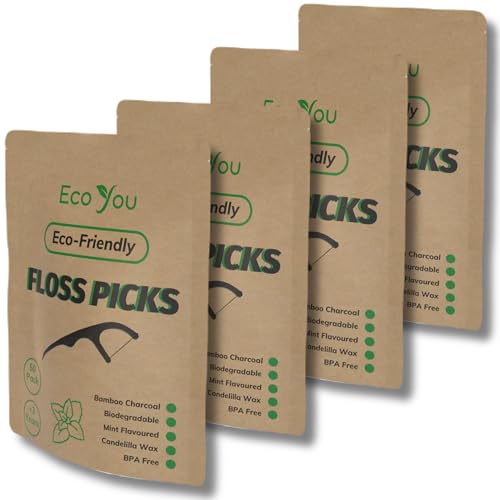 Floss Picks | Biodegradable, 200 Count (4 Pack), Bamboo