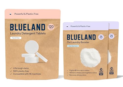 BLUELAND Laundry Essentials Refills | Laundry Detergent Tablets 120 Counts | Oxi Laundry Booster Powder Refill 2 Pack | Plastic-Free & Eco Friendly Oxy Cleaner - Plant Based Stain Remover