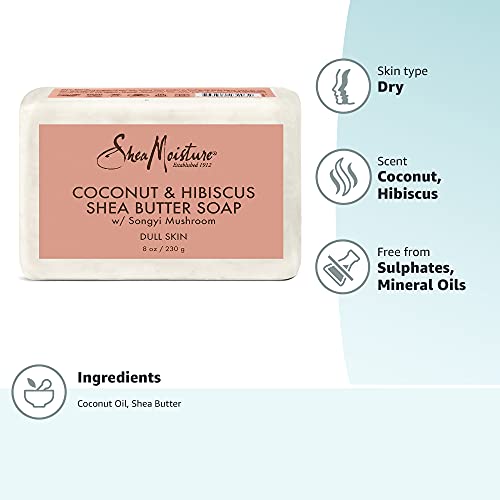 Sheamoisture Bar Soap for Dull, Dry Skin Coconut and Hibiscus Sulfate Free Soap Bar 8 oz