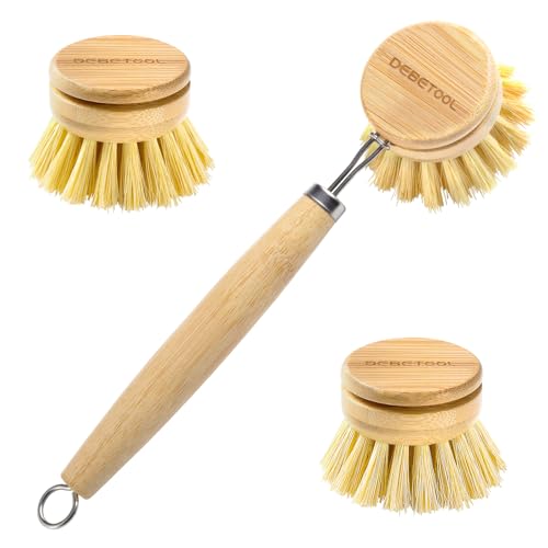 Cleaning Brush | 3 Pack, Natural Wooden, Sisal Fiber, Includes 2 Replacement Heads