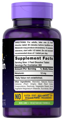 Sleep Supplement | 12 mg Melatonin, Fast Dissolve, 300 Tablets, Natural Berry Flavor