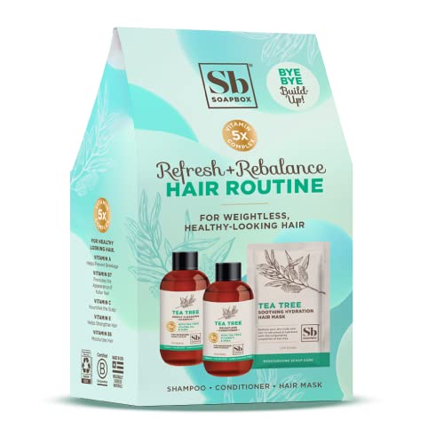 Soapbox Haircare Gift Set of 3, Travel Sized Shampoo & Conditioner with Tea Tree Oil + Scalp Treatment to Cleanse Build Up, Cleansing Hair Care Set of Three in Gift Box Easy, Breezy Hair Days Inside!