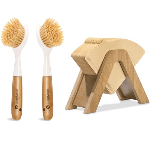 Kitchen Accessories Set | 2 Pack, Bamboo Handle Dish Brush & Rubber Wood Coffee Filter Holder