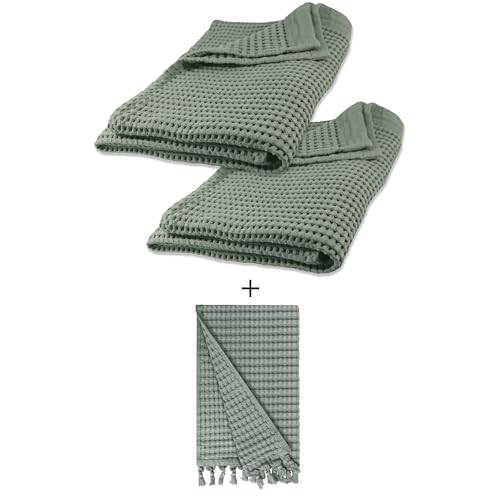 Bath Towel Set | 2 Waffle Sheets, 1 Tassel Hand Towel, Sage Grey