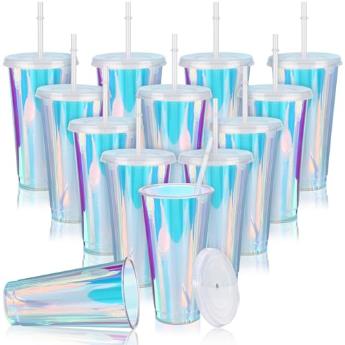 Plastic Tumblers | Iridescent, 24 oz, 12 Pack, with Lids and Straws