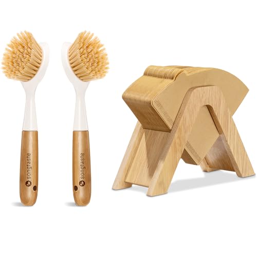 Kitchen Accessories Set | 2 Pack Dish Brush & Coffee Filter Holder, Natural Wood Color