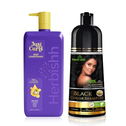 Hair Color Shampoo | Black, 500 ml + Deep Conditioner for Curly Hair