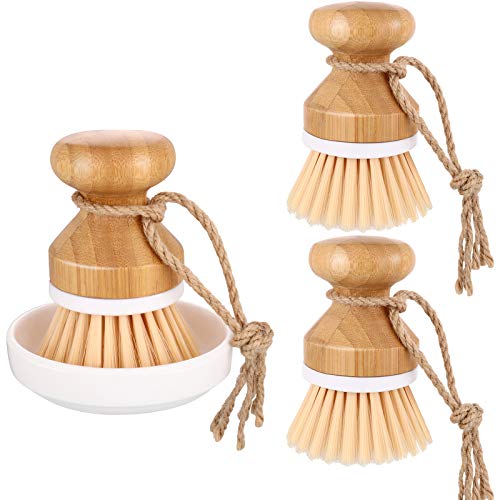 Bamboo Dish Scrub Brush Set | 3 Pieces, Durable Wooden, Includes Holder