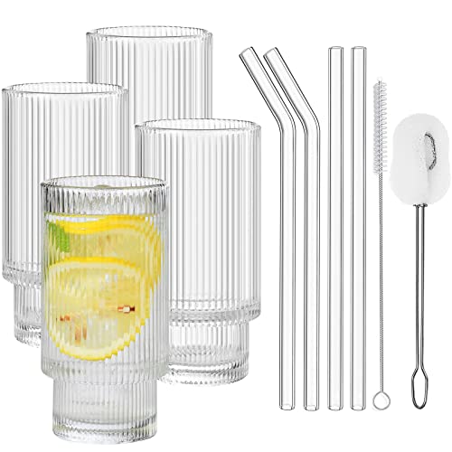 Drinking Glasses Set | Vintage Fluted Design, Includes 4 Glasses and 2 Brushes