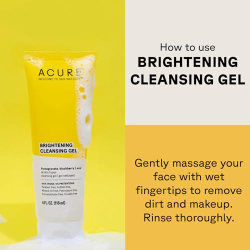 Acure Brightening Cleansing Gel - Vegan Cleanser for Radiant Skin - Pomegranate, Blackberry & Acai Infused - Antioxidant-Rich Gentle Formula for All Skin Types - 4 Fl Oz