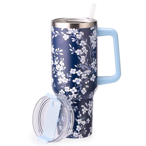 Tumbler | Dark Blue & White Floral, 40 oz, Insulated, Reusable, Cupholder Friendly