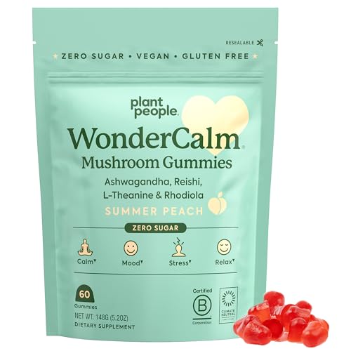 Mushroom Gummies | Natural Ashwagandha, 60 Count, Sugar-Free, Gluten-Free, Peach Flavor