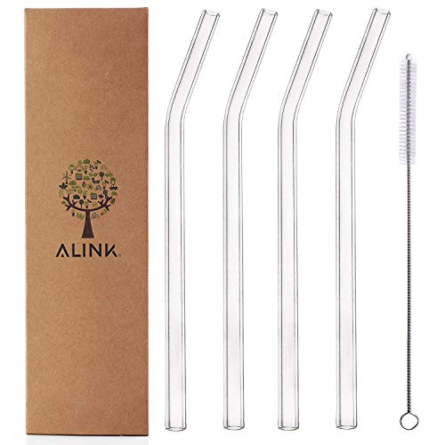 Drinking Straws | Reusable Clear Bent, Set of 4 with Cleaning Brush