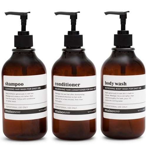 Shampoo and Conditioner Bottles | 16.9 fl oz, Set of 3, Amber Plastic with Black Pumps